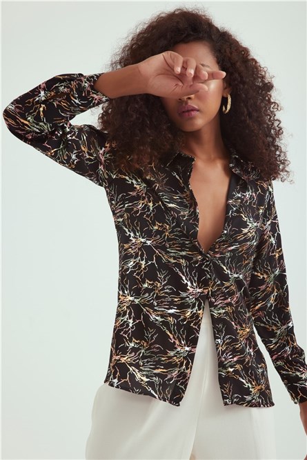 Camisa Chiffon Estampada - Preta #309436