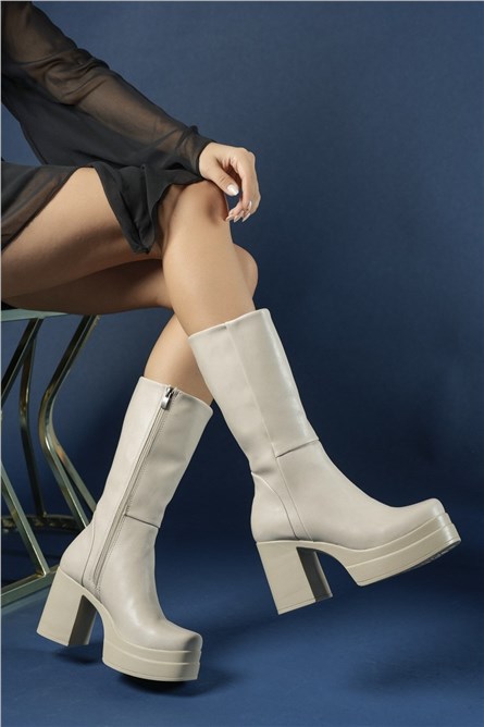 Botas femininas de salto alto com plataforma 0012690 - Bege Claro #361692