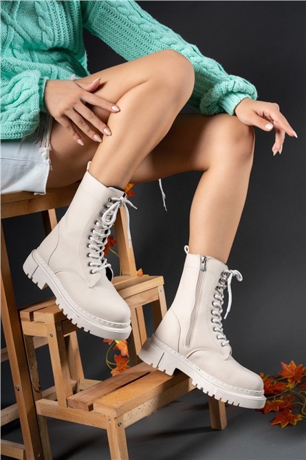 Botas femininas com zíper e atacadores 0012310 - Bege Mate #359298