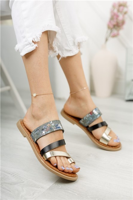 Chinelos femininos de couro genuíno 0012081 - preto com cinza #325870