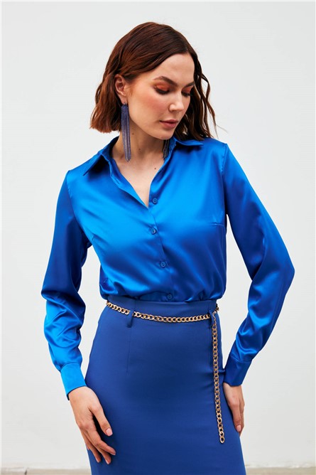 Blusa Feminina de Cetim com Gola - Azul Brilhante #370477