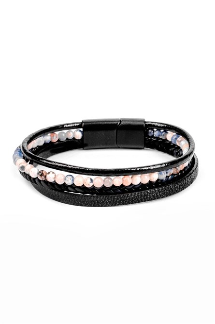 Conjunto de pulseira masculina de couro genuíno com contas - preto com marrom 20230901016