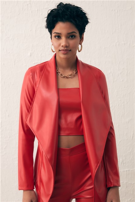Jaqueta feminina de couro com gola larga - vermelha #365814