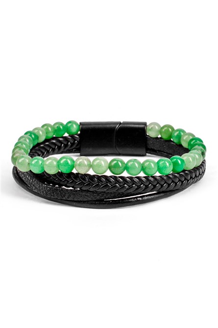 Conjunto masculino de pulseiras em couro genuíno e miçangas - Preto-Verde 20230901002