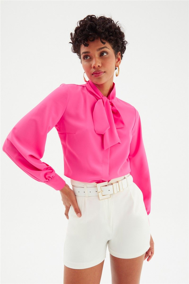 Women's shirt with a scarf on the collar - Bright Pink #334235