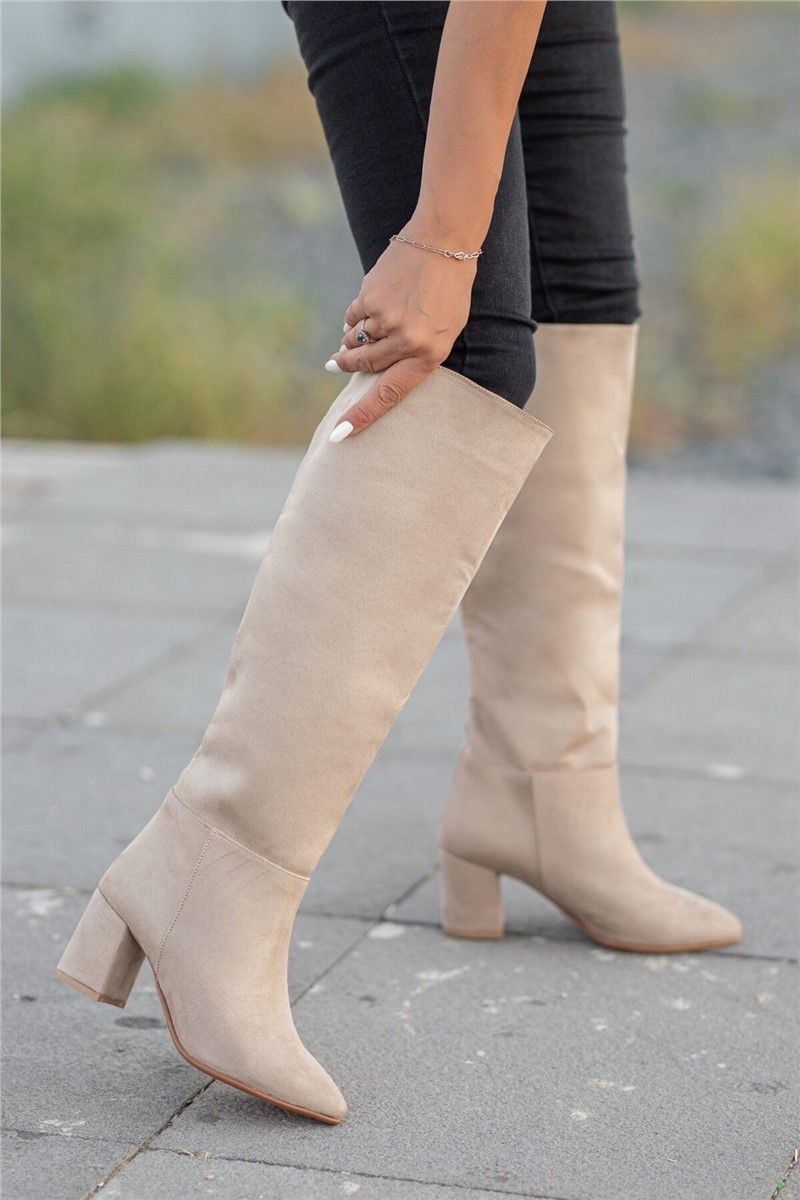 Women's Suede Heeled Boots - Light Beige #361528