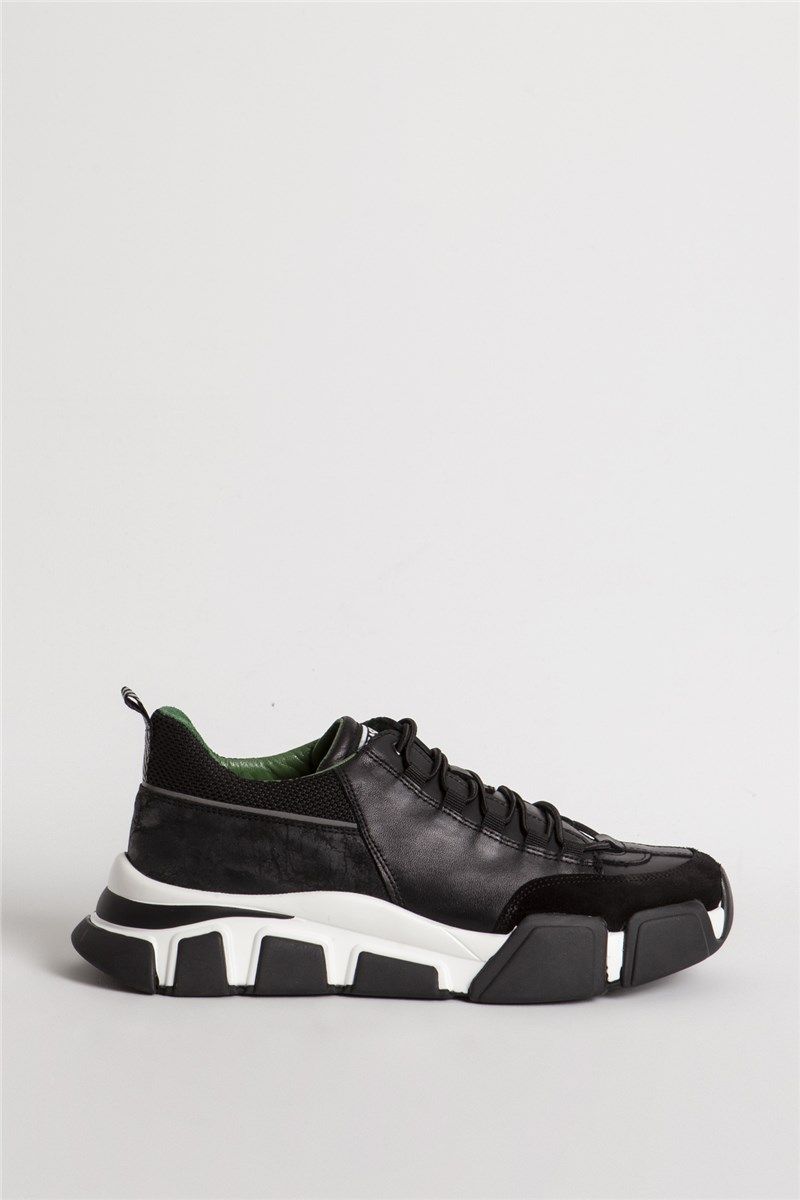 Мъжки спортни обувки от естествена кожа 16229 - Черни с Бял #403342