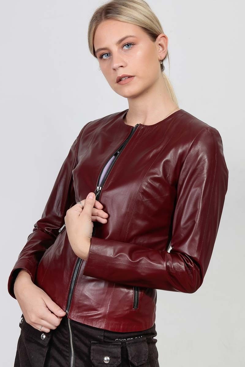 Leonardo Women's Real Leather Jacket - Burgundy #266666