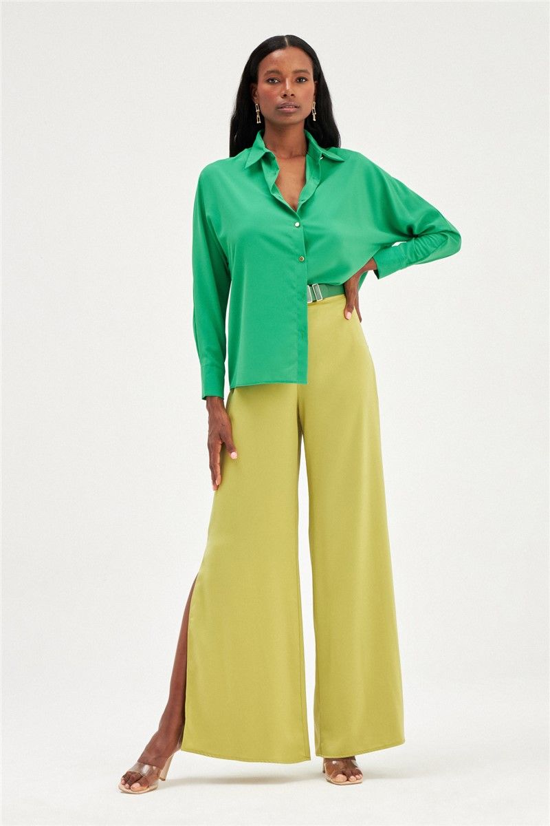 Ženske satenske hlače s prorezom - uljano zelena #358577
