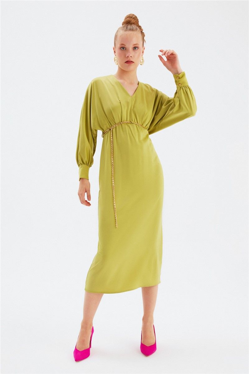 Women's Long Satin Dress - Oil Green #358324