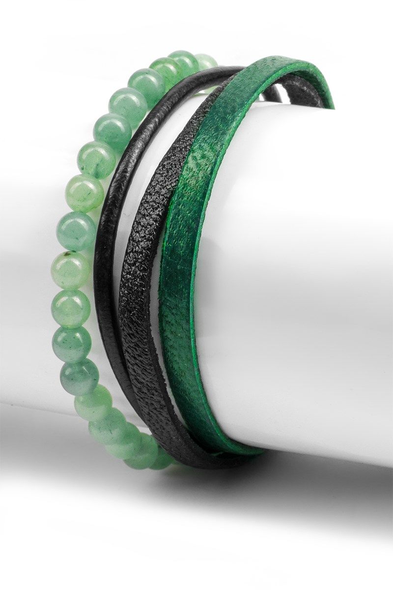 Férfi karkötő szett természetes bőrből és dekor gyöngyökből - fekete-zöld 20230901021